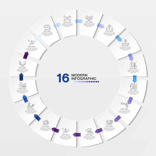 Blue tone circle infographic template with 16 steps process or options process chart