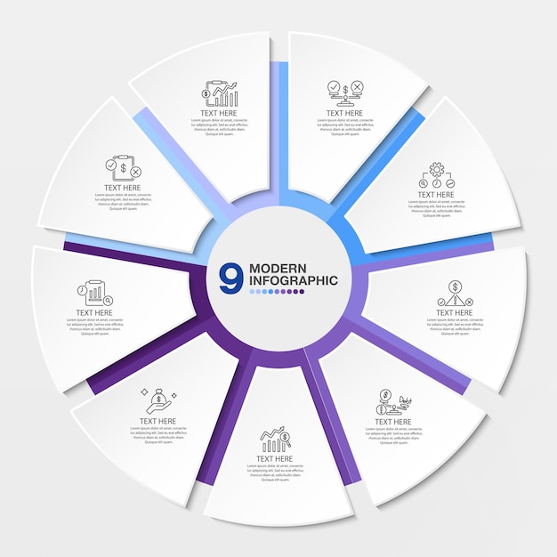 Вектор Инфографический шаблон с голубым тоном с процессом в 9 шагов или диаграммой процесса опций