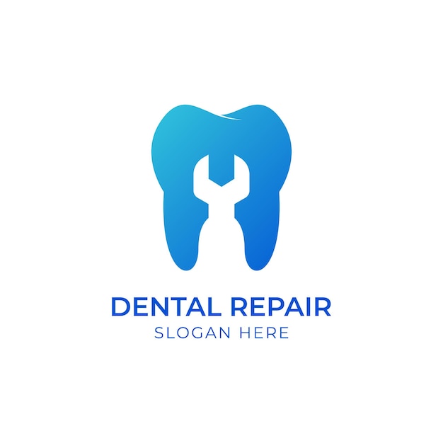 Blue tooth and wrench for dental clinic dentistry dentist teeth care or oral hygiene concept logo