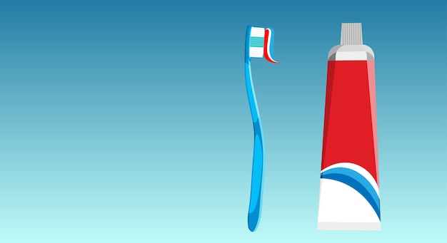 Вектор Синяя зубная щетка с красочной пастой и тюбиком зубной пасты красного, синего и белого цветов на светло-голубом градиентном фоне. концепция чистить зубы, рот. скопируйте пространство. векторная иллюстрация