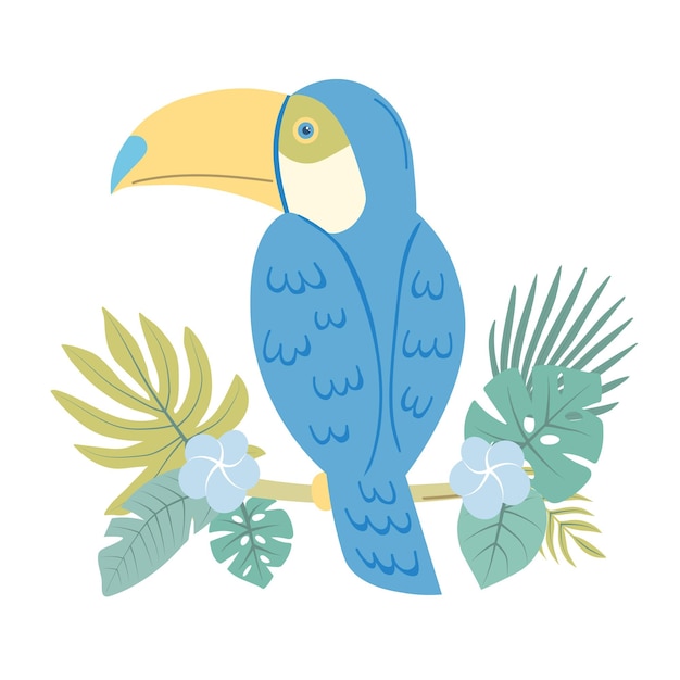 Blue toucan sitting on a branch back turned in flat style in a greenyellow palette