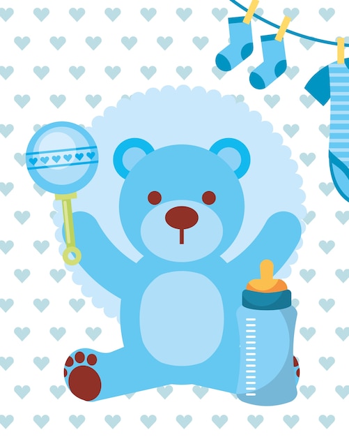 Вектор Синий игрушка медведь погремушка бутылка и мальчик одежды