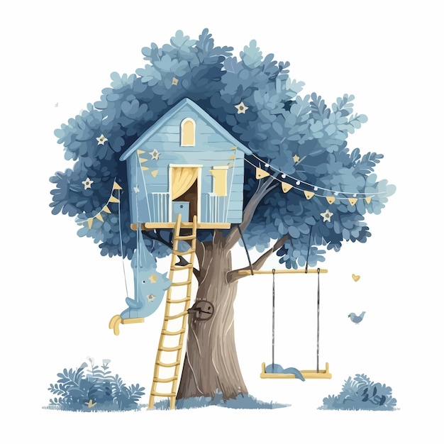 Vector blue_treehouse_on_big_summer_tree_with_ladder