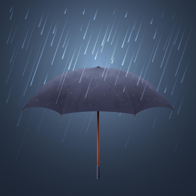 Vector blue umbrella and fall rain. cool water storm and night sky protection  illustration. parasol protection from stormy rain