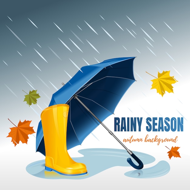 Ombrello blu e stivali di gomma gialli. sfondo autunno. stagione piovosa.