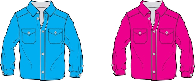 Blue Uniform Shirt for men with dubble pocket flat sketch technical drawing vector illustration temp