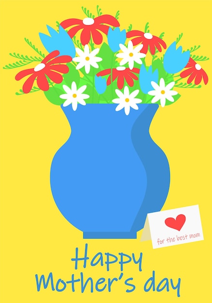 꽃이 든 파란색 꽃병과 행복이라는 메모