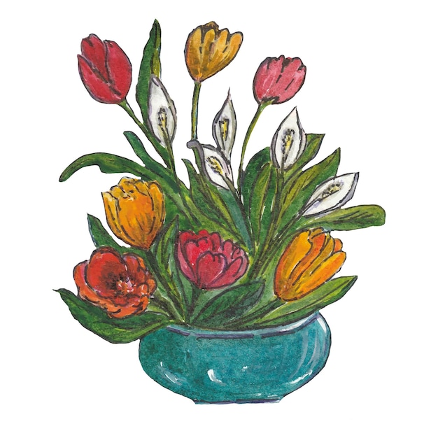 Vector blue vase with flowers