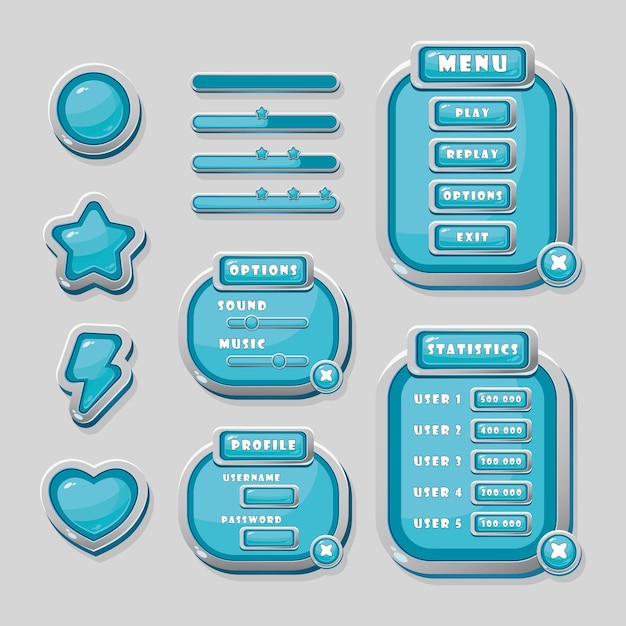 Синие векторные кнопки, индикатор выполнения и окна навигации для дизайна игрового интерфейса