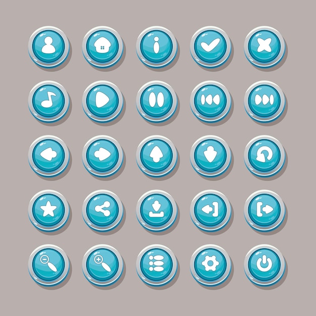 Vector blue vector buttons with icons for the design of the game interface