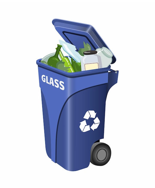 Blue vector dumpster for glass with garbage