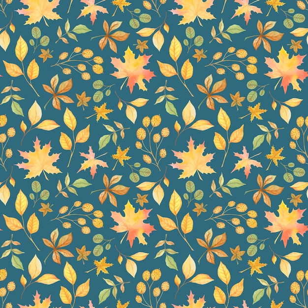 Blue vector seamless pattern with watercolor yellowing autumn leaves