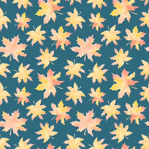 BLUE VECTOR SEAMLESS PATTERN WITH WATERCOLOR YELLOWING MAPLE LEAVES