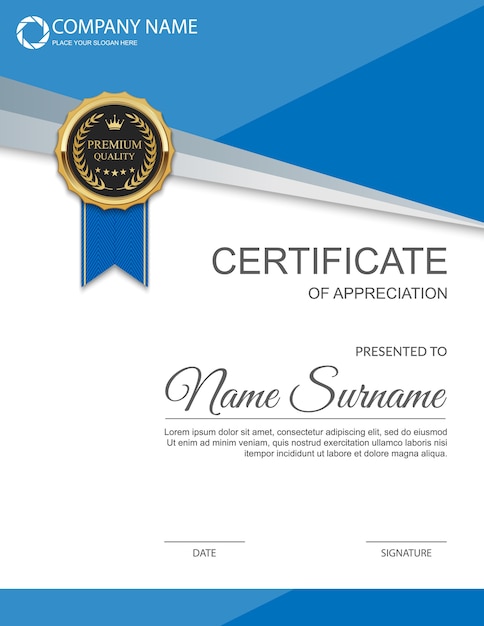 Blue vertical certificate of appreciation with medal
