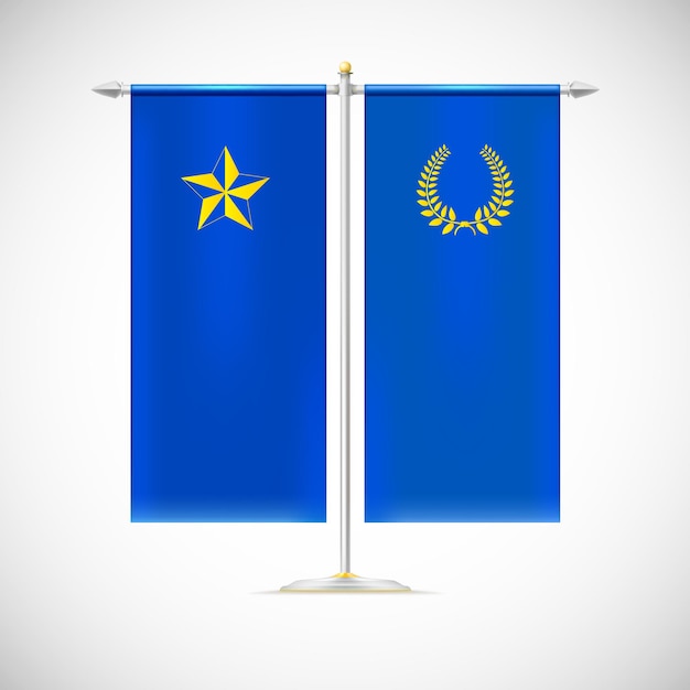 Blue vertical flag on a pole with star and Laurel wreath