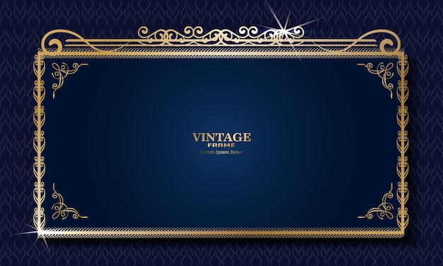 blue vintage background with gold patterned ornament frame