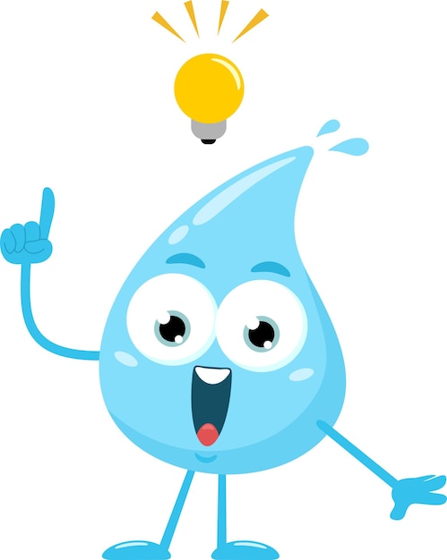 Personaggio di cartone animato blue water drop con un'idea brillante con una lampadina