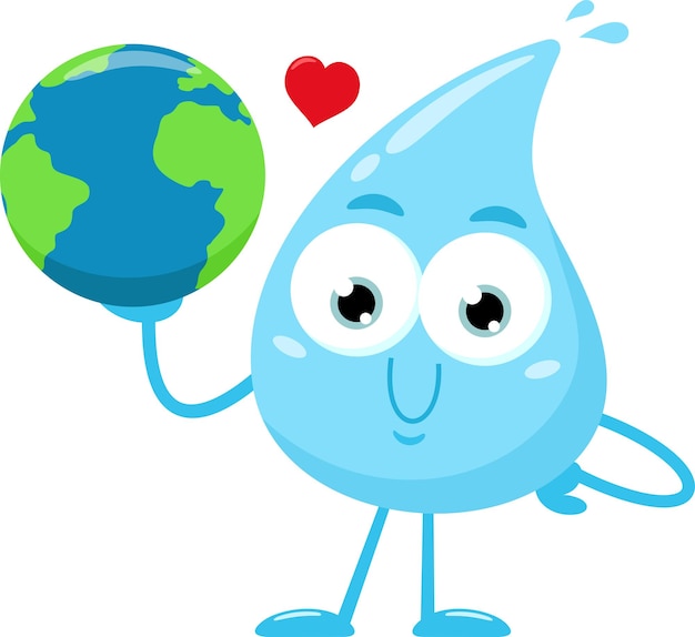 Blue Water Drop Cartoon Character Holding Earth Globe World Vector Illustration Flat Design