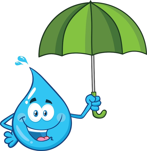 Blue Water Drop Cartoon Character Holding An Umbrella Vector Illustration
