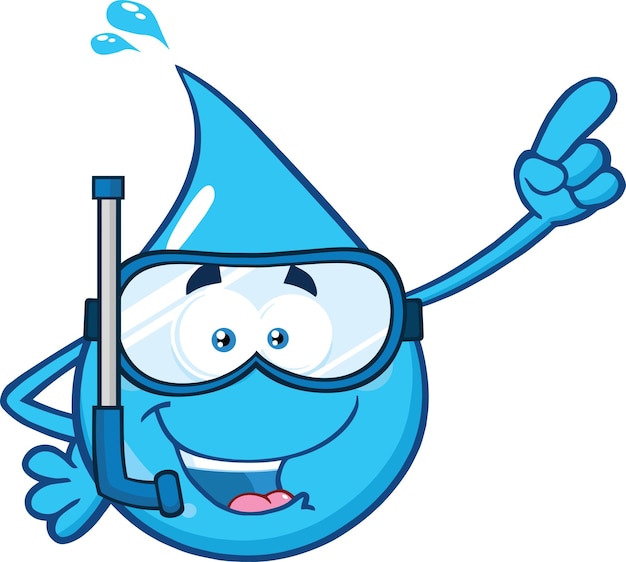 Blue Water Drop Cartoon Character With Snorkel Pointing Vector Illustration