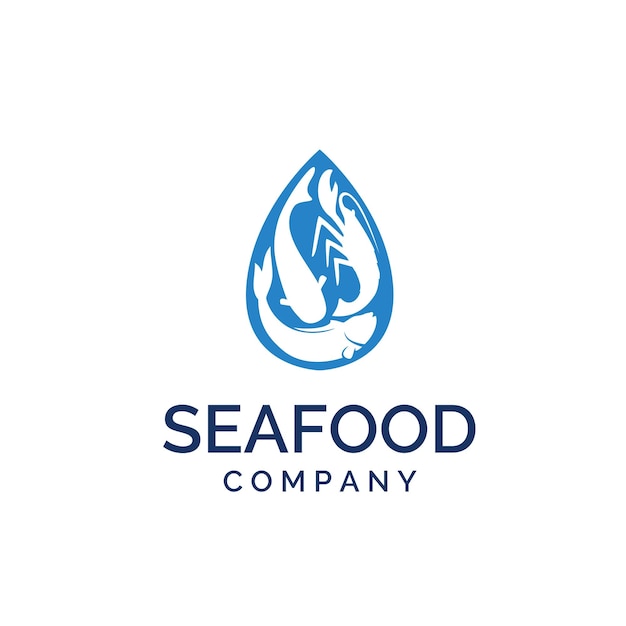 Blue water droplets with shrimp and fish logo design inspiration