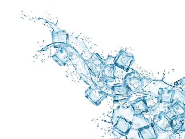 Vector blue water wave cascade splash and ice cubes