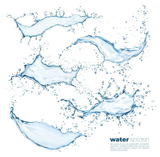 Vector blue water wave splash swirl and flow vector set