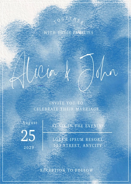 Vector blue watercolor abstract minimalist artsy wedding card invitation minimalist template