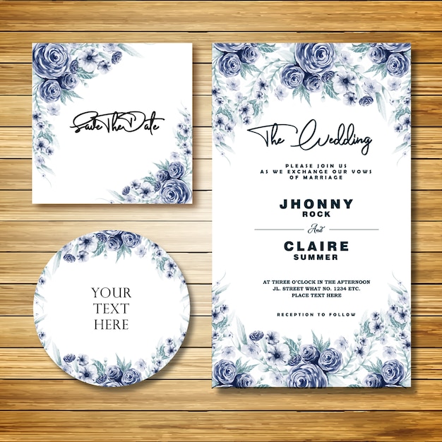 Vector blue watercolor classy wedding invitation card