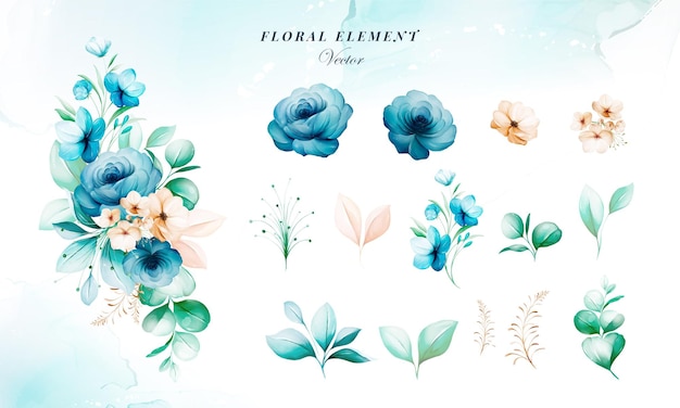 Blue watercolor floral arrangement and individual elements vector