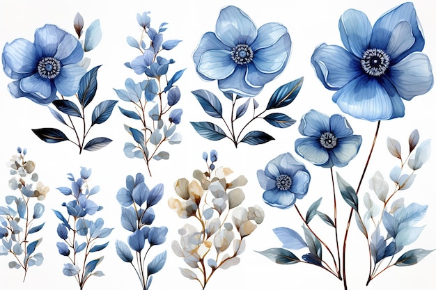 Vector blue watercolor flowers sets bundles bouquets with wildflowers a bird on flowers vector