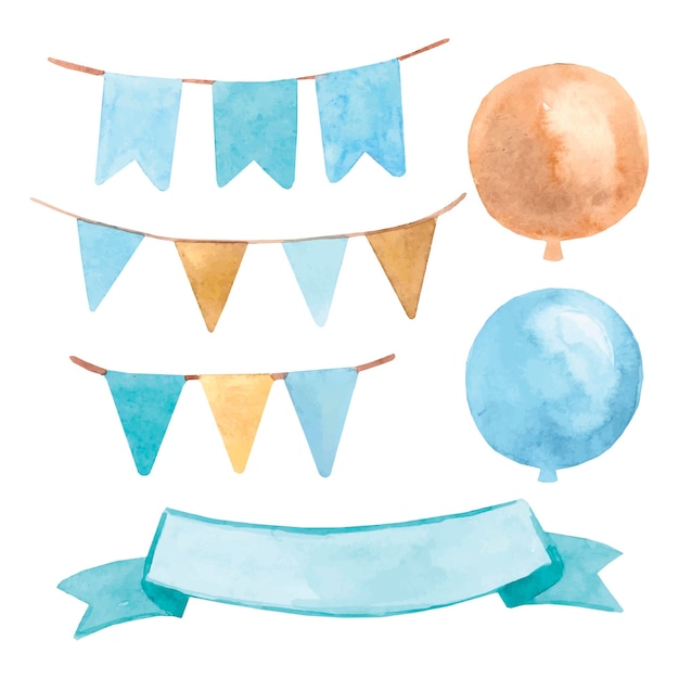 Blue watercolor garland flags and balloons Baby shower set It's a boy Vector illustration