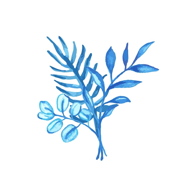 Blue watercolor leaves for card or invitations Hand drawn greenery bouquet vector isolated illustration