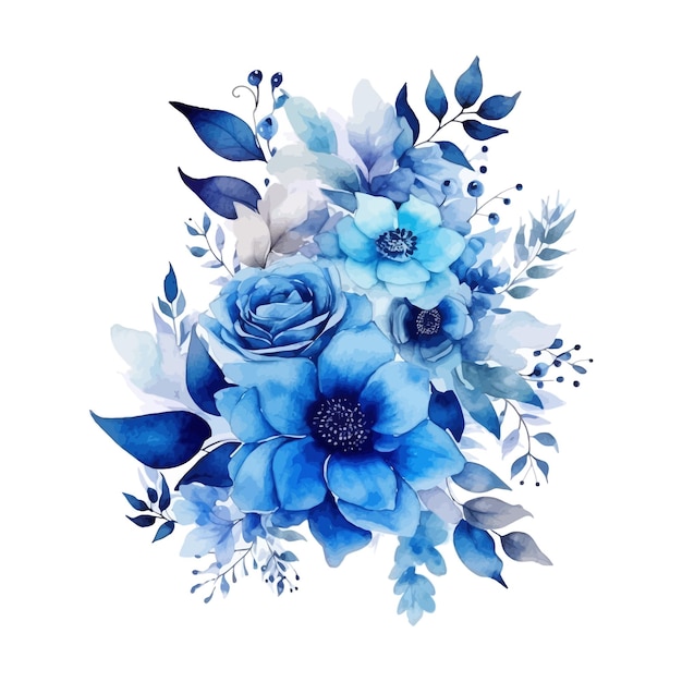 Blue Watercolor leaves and floral arrangement clipart