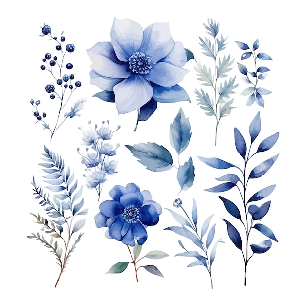 Клипарт Синие акварельные листья и цветочная композиция
