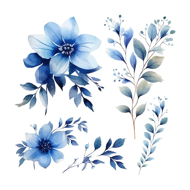 Vector blue watercolor leaves and floral arrangement clipart