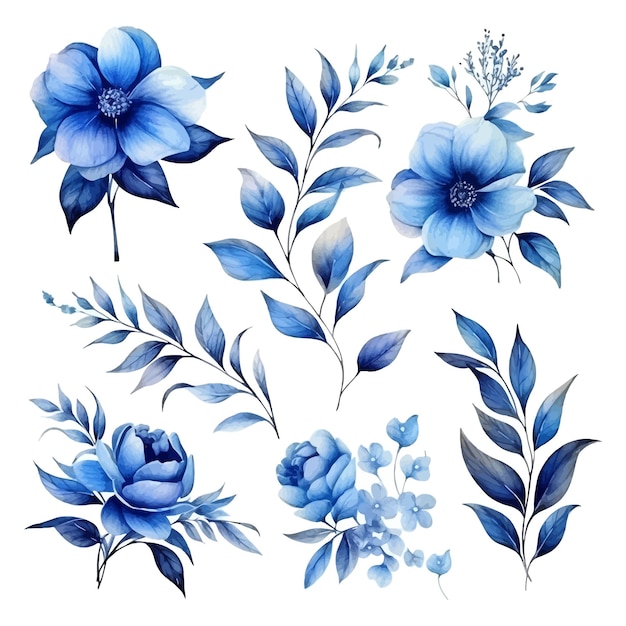 Vector blue watercolor leaves and floral arrangement clipart