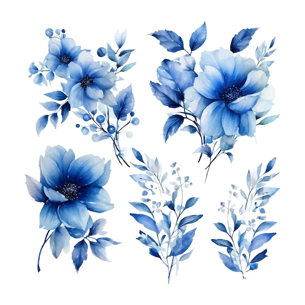 Blue Watercolor leaves and floral arrangement clipart