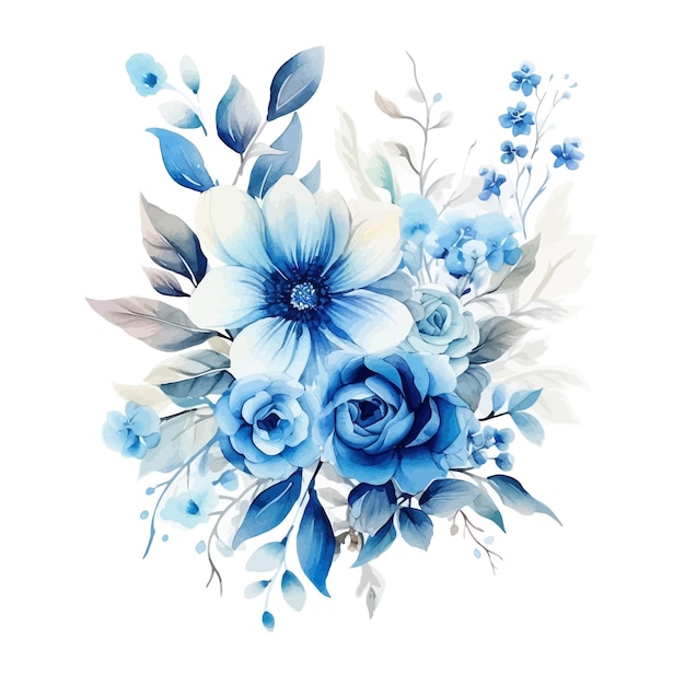 Клипарт Синие акварельные листья и цветочная композиция