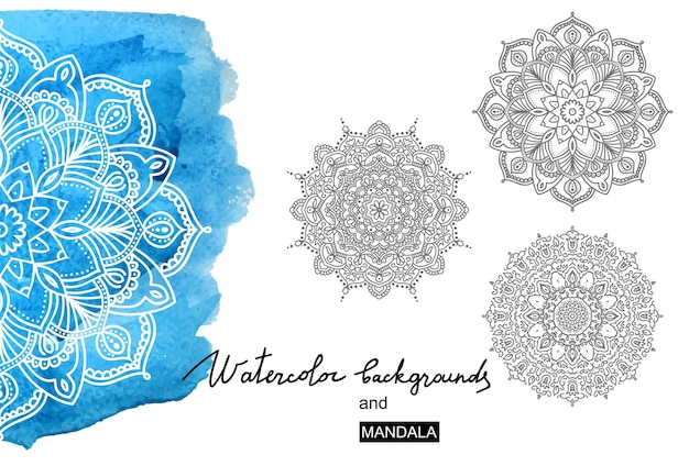 Blue watercolor paint background with white hand drawn round doodles and mandalas