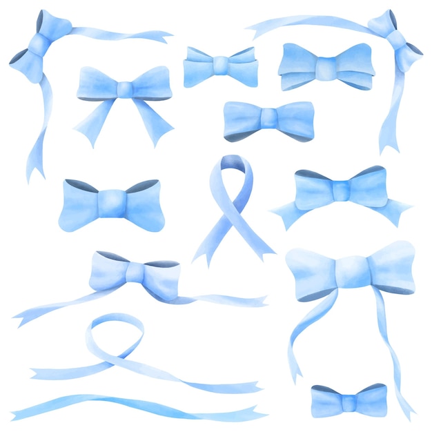 Blue watercolor ribbon bow vector collection