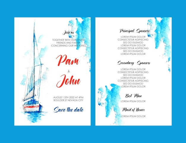 青い水彩画の帆船の結婚式の招待状