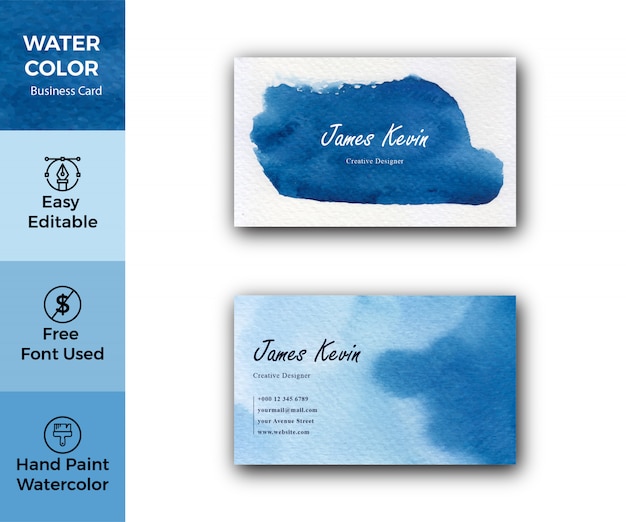 Blue watercolor stains business card