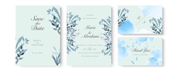 Blue watercolor wedding invitation card template set with gold glitter and line decoration. abstract background save the date, invitation, greeting card, multi-purpose vector