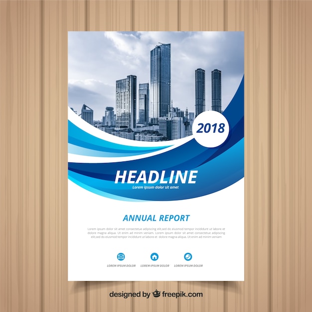 Blue wavy annual report cover with image