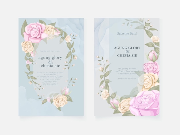 Vettore carta di invito matrimonio blu con rose e foglie