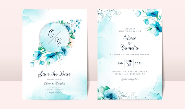 Vector blue wedding invitation card with watercolor floral decoration and abstract background