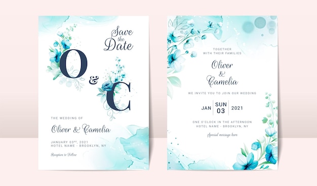 Blue wedding invitation card with watercolor floral decoration and abstract background