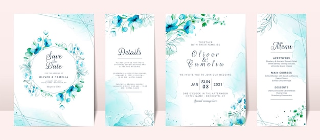 Blue wedding invitation card with watercolor floral decoration and abstract background