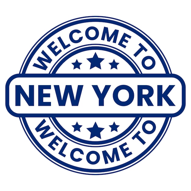 Vettore adesivo blu welcome to new york sign stamp con illustrazione vettoriale stelle